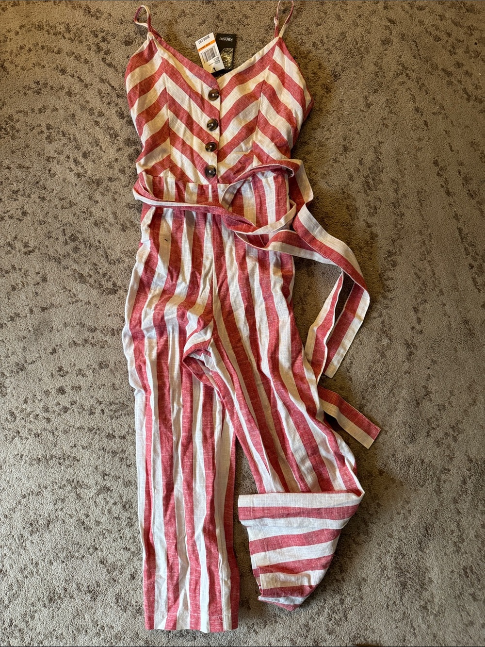 Kensie Red and White Striped Linen-Blend Jumpsuit
